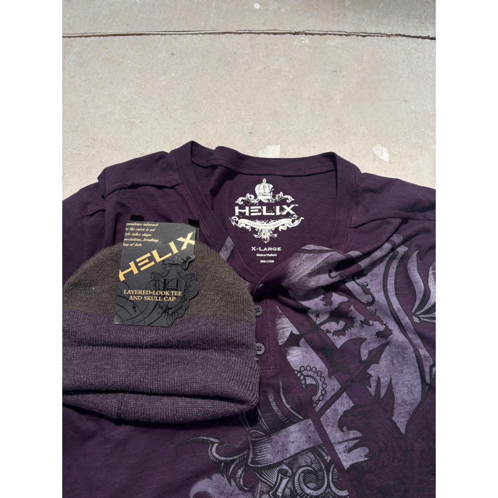 Helix Mens Layered Look Henley Graphic Tee Purple XL with Matching Beanie Hat - Picture 2 of 4